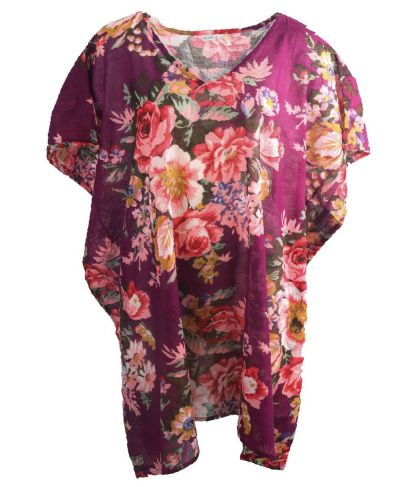 Paarse katoenen kaftan met bloemenprint 