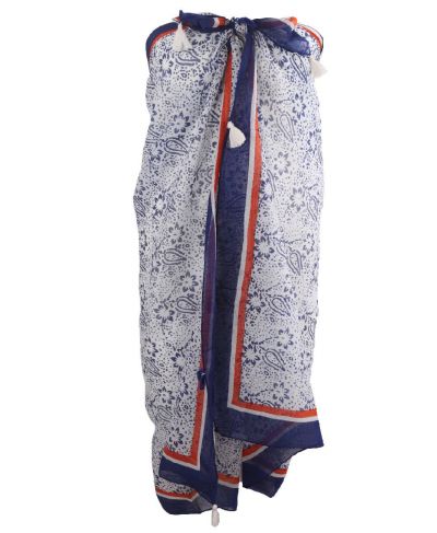 Donkerblauwe pareo met bloemenprint en kwasten franjes