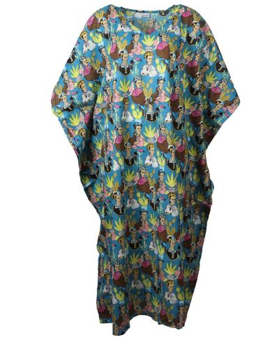 Petrolkleurige kaftan met Frida Kahlo print