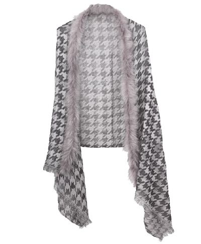 Pied-de-poule omslagdoek met kunstbont kraag