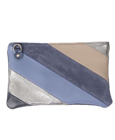 Leren regenboog clutch in blauw en beige