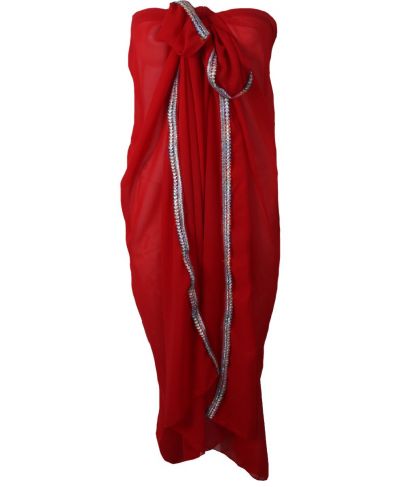 Rode crêpe voile pareo met zilver sierbandje
