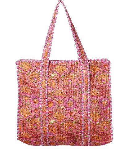 Gewatteerde shopper/schoudertas in roze met bloemenprint in oranje