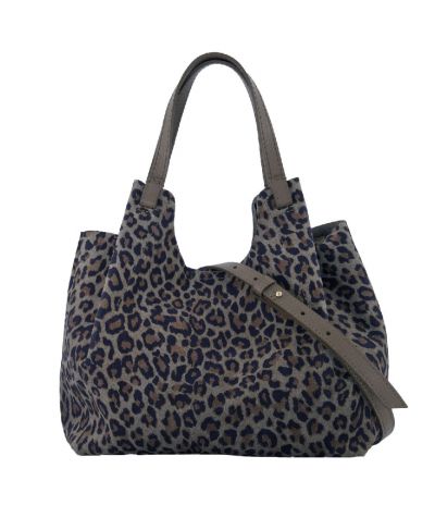Leopard suède handtas in grijs en taupe