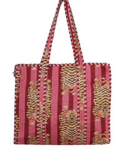 Gewatteerde shopper met tijgerprint in donkerrood en roze