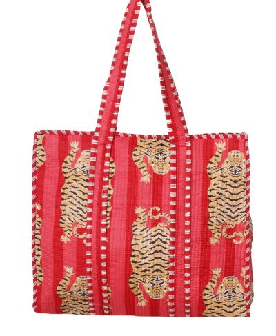 Gewatteerde schoudertas/shopper in roze-rood met tijgerprint
