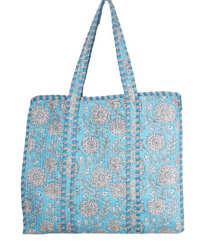 Gewatteerde schoudertas/shopper in turquoise met bloemenprint