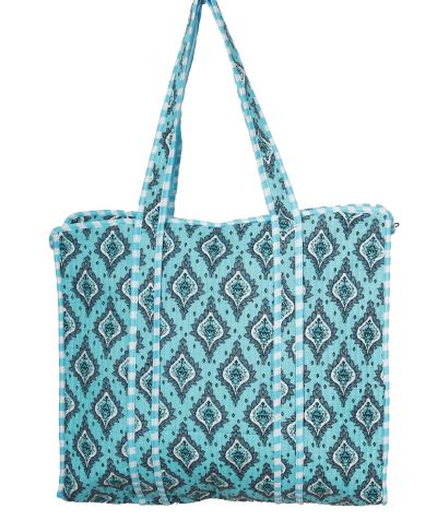 Gewatteerde schoudertas/shopper in turquoise met ornamentprint