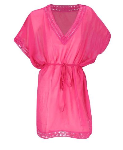 Korte voile kaftan in hardroze met V-hals