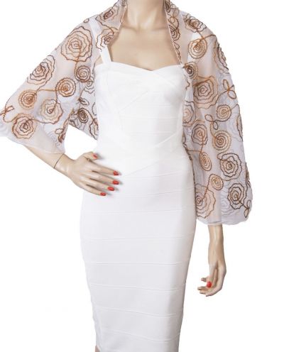 Bolero stola van witte tricot-tule versierd met woldraad