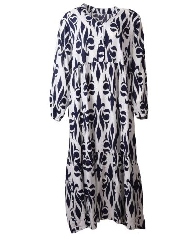 Maxi-jurk met een Franse lelie motief in donkerblauw