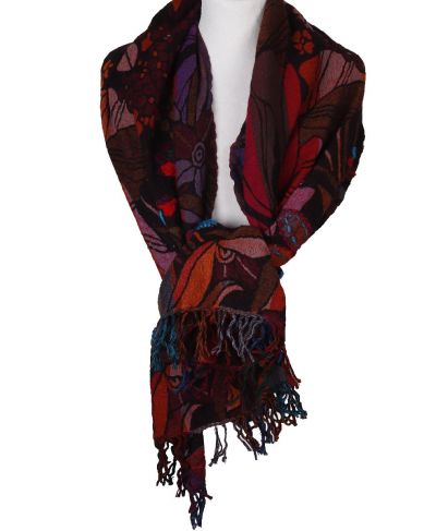 Wollen pashmina sjaal met bloemen in rood en paars