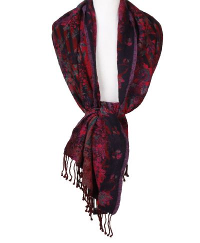 Wollen pashmina sjaal met bloemen- en strepenprint