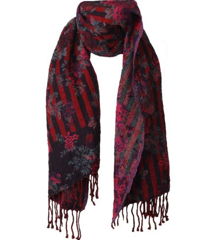 Wollen pashmina sjaal met bloemen- en strepenprint