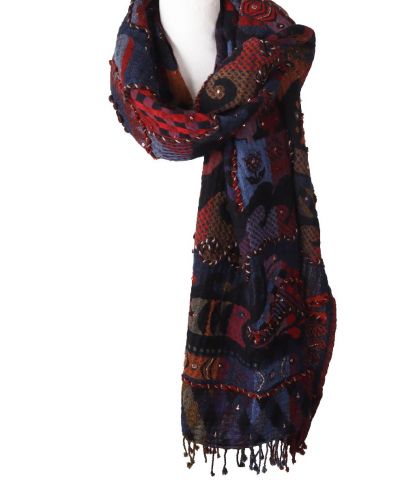 Wollen sjaal in donkerblauw en rood met kralenversiering