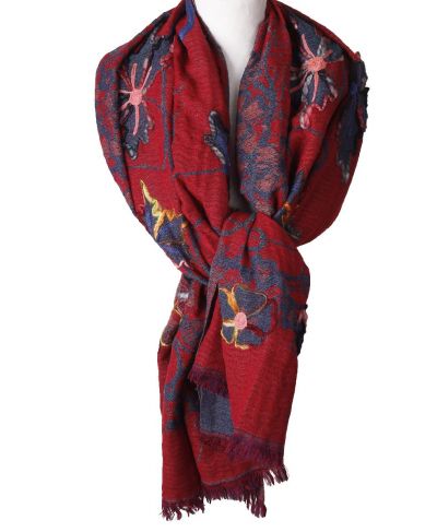 Wollen sjaal/omslagdoek in rood en jeansblauw