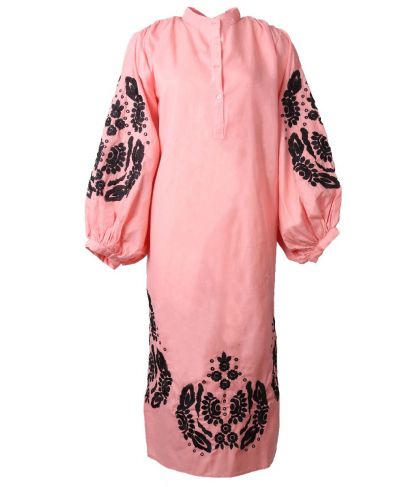 Zalmroze jurk met pofmouwen