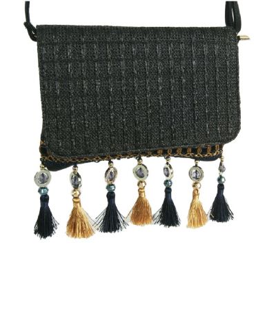 Zwarte imitatieleren fold-over clutch met op de voorkant een weefwerk