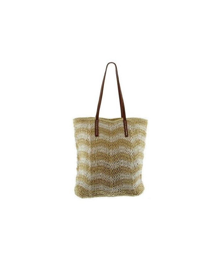 Strooien strandtas in beige met wit