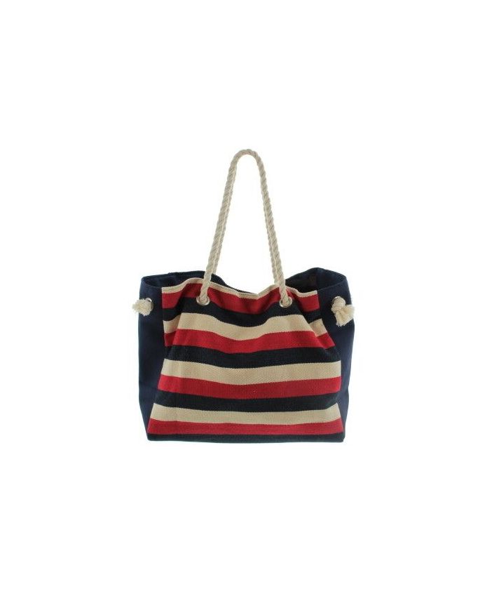 Strandtas met strepen in rood, ecru en blauw