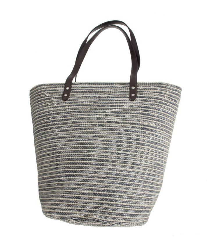 Strandtas met gevlochten lurex in blauw/wit/bruin