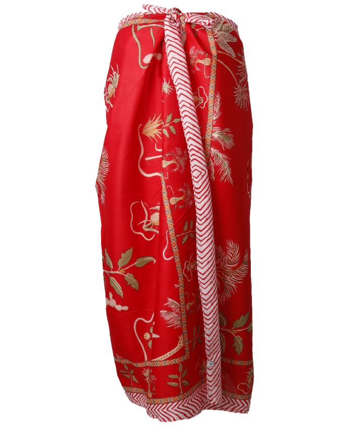 Ava pareo van katoen in rood met plantenprint