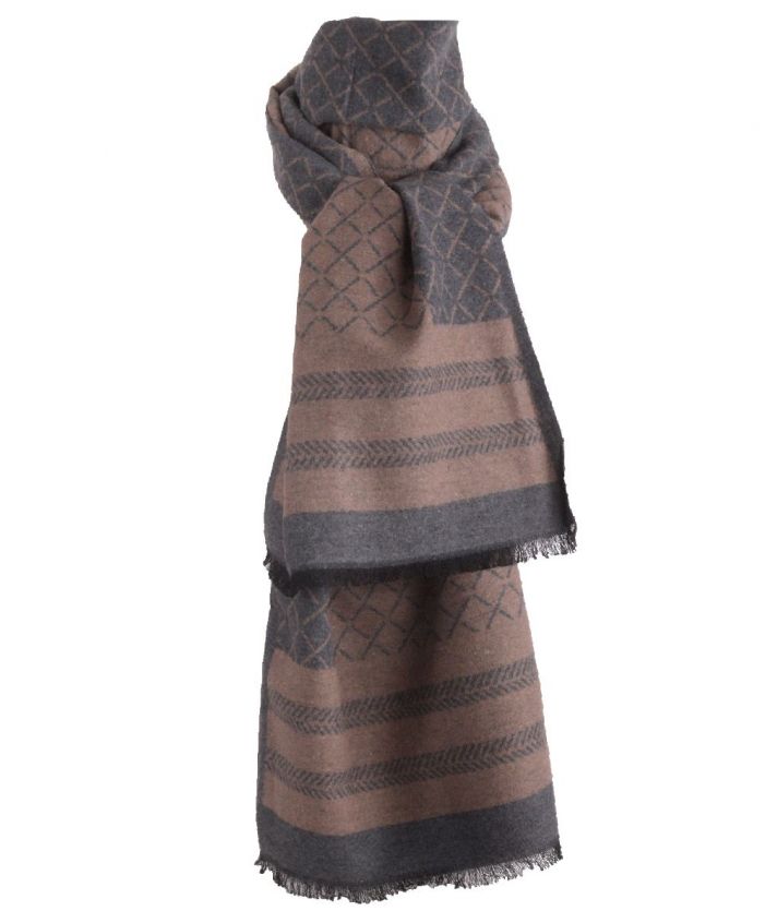 Zachte wol-blend sjaal met mixed print in grijs en beige