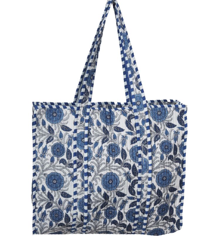 Gewatteerde schoudertas/shopper in blauw-ivoor