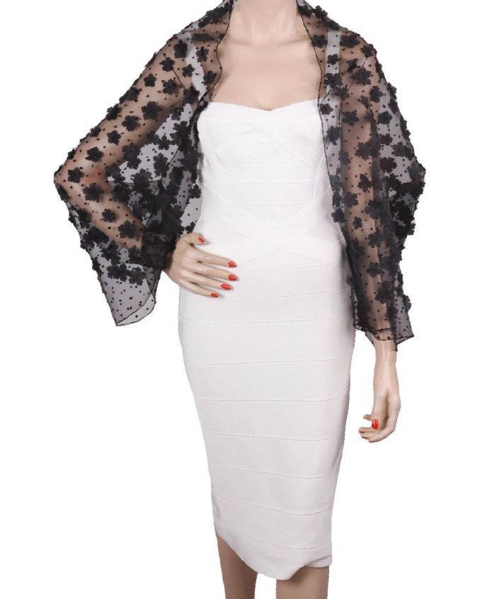 Zwarte bolero stola met stippen- en bloemen