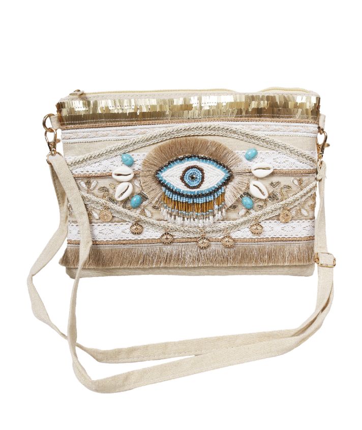 Clutch met geborduurde ''All eyes on you'' borduursel