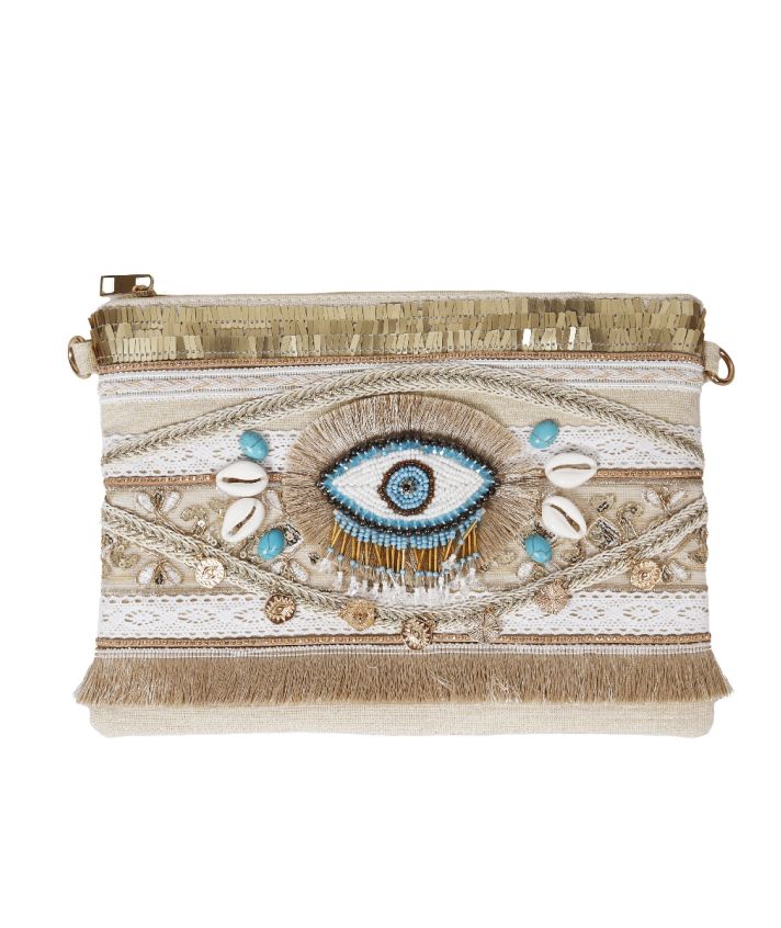 Clutch met geborduurde ''All eyes on you'' borduursel