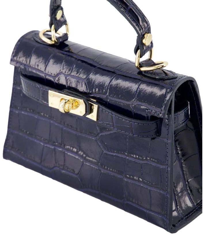 Livia lederen croco handtas in donkerblauw