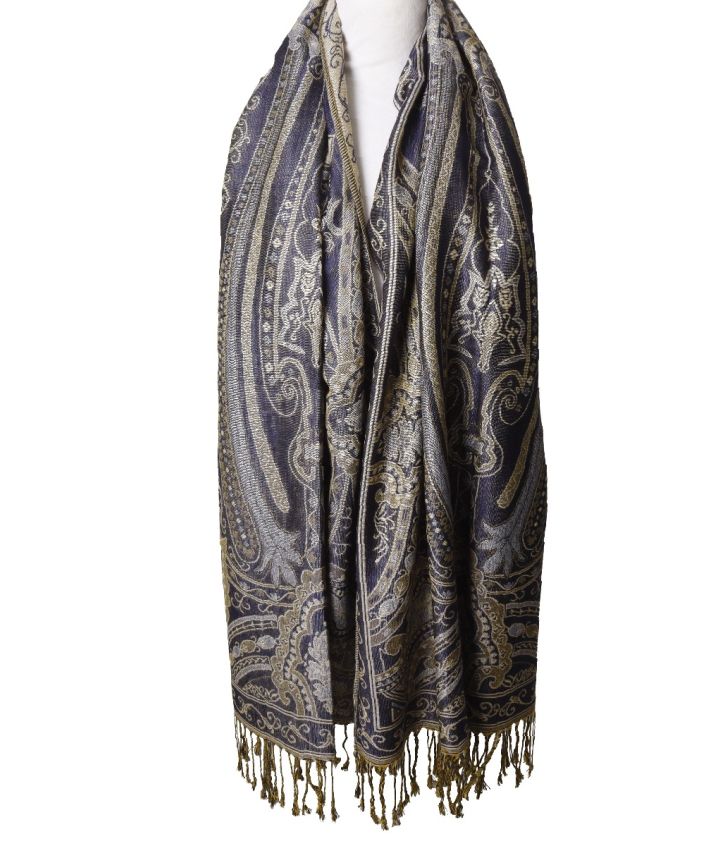 Lieke pashmina sjaal met ornamentpatroon in donkerblauw