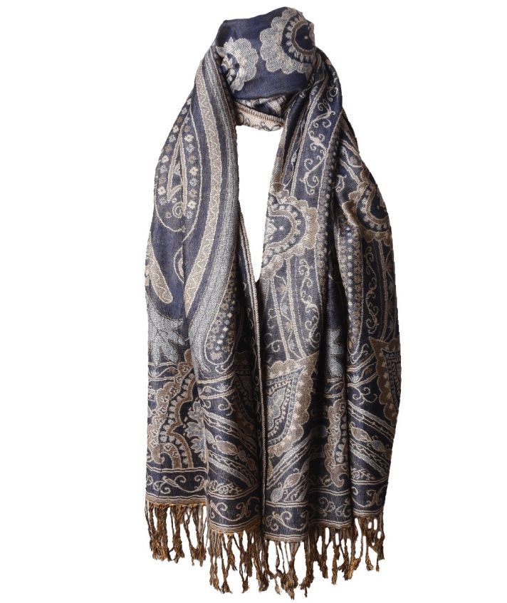 Lieke pashmina sjaal met ornamentpatroon in donkerblauw