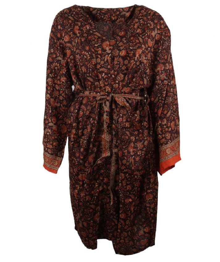Zijde-blend kimono met bloemen in oranje