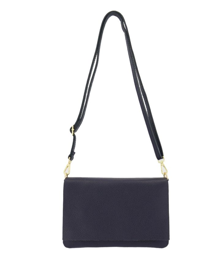 Leren fold-over clutch in donkerblauw