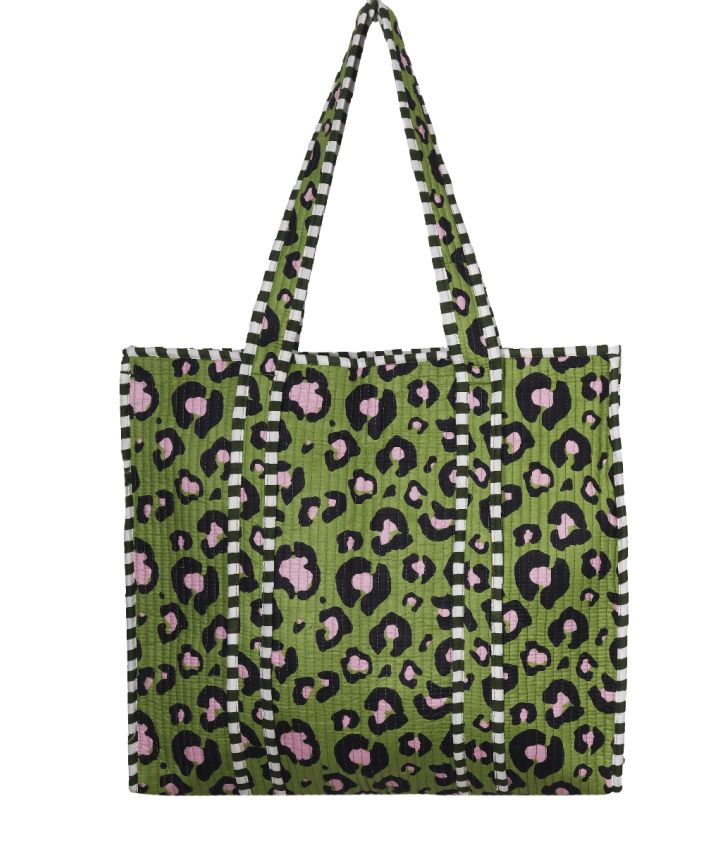 Gewatteerde schoudertas/shopper in groen met luipaardprint