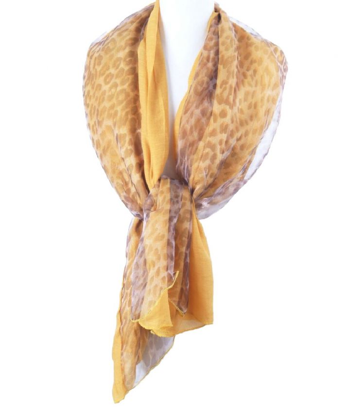 Okergele 2-laags tunnelgestikte luipaard print stola / sjaal
