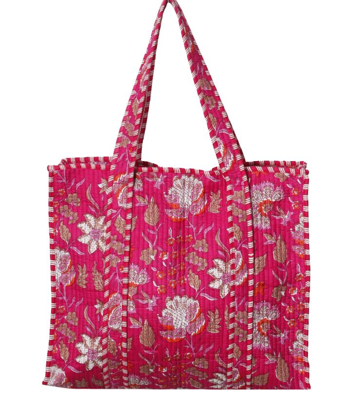 Gewatteerde shopper/schoudertas in hardroze met bloemenprint