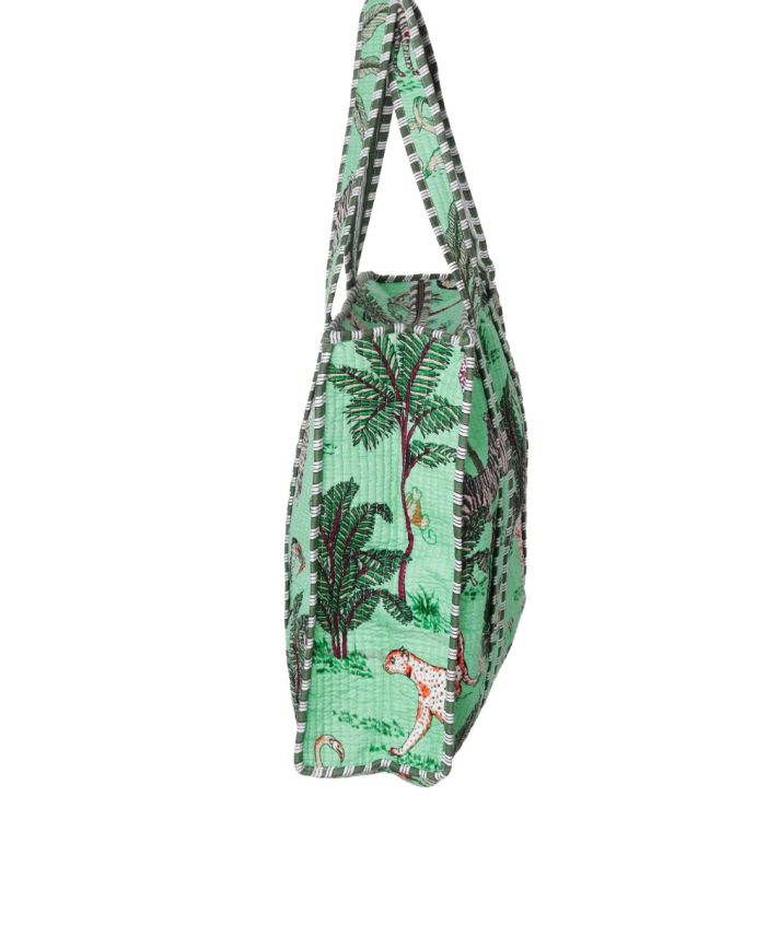 Gewatteerde schoudertas/shopper in mintgroene met dierenprint