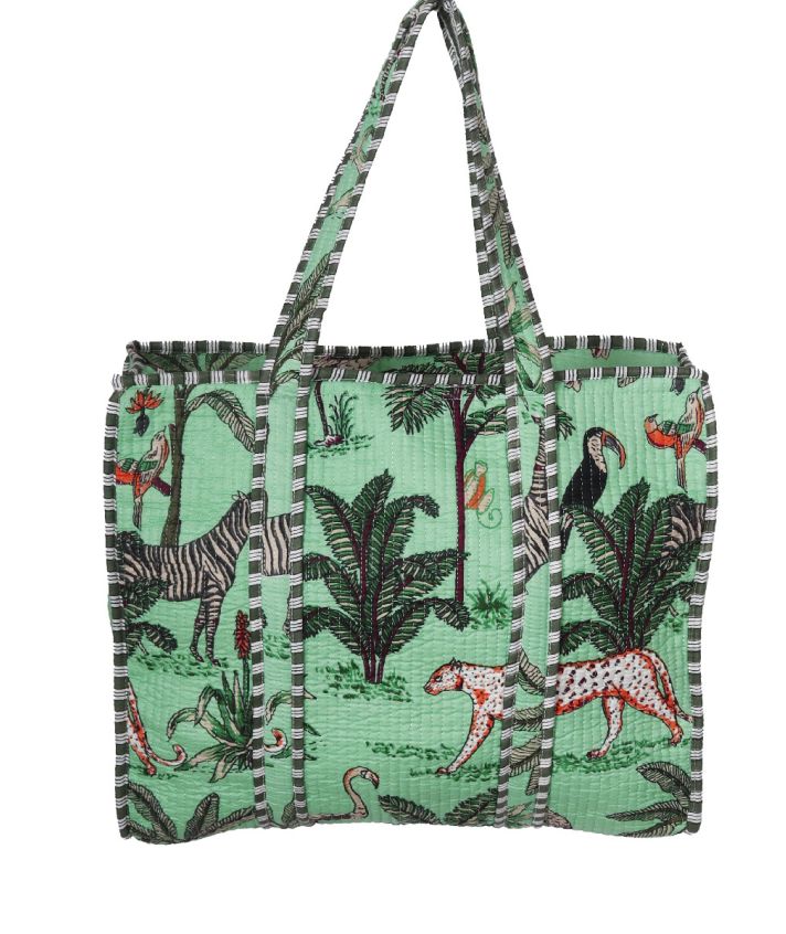 Gewatteerde schoudertas/shopper in mintgroene met dierenprint