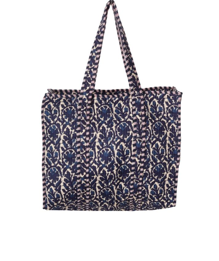Gewatteerde schoudertas/shopper met floral in donkerblauw