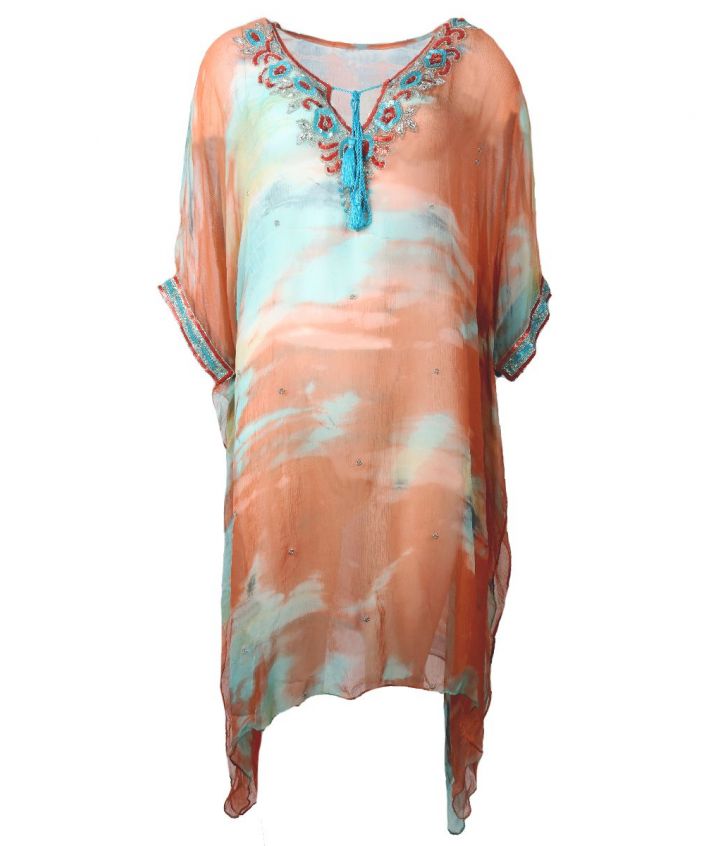Voile kaftan in de kleur zalm en mintgroen