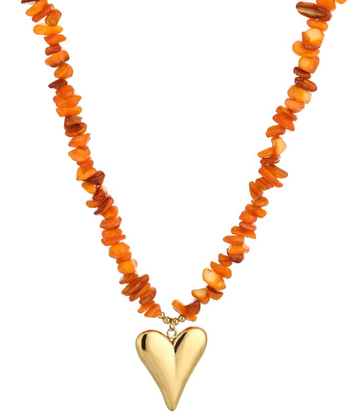 Oranje kralenketting in met hart hanger