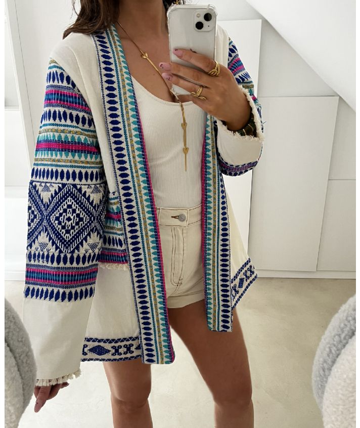 Korte kimono met borduursel in kobaltblauw