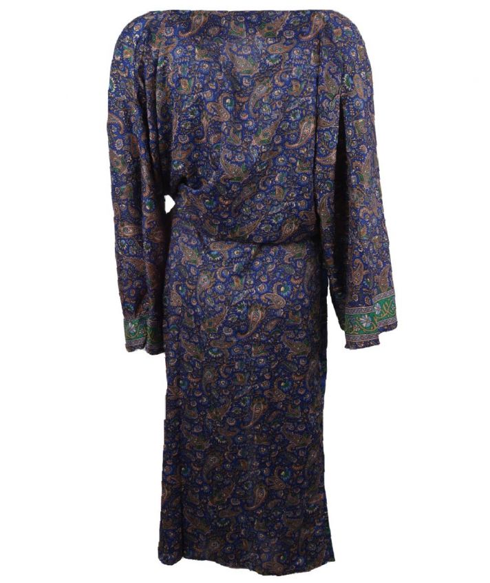 Kobaltblauwe lange zijde-blend kimono met paisley print