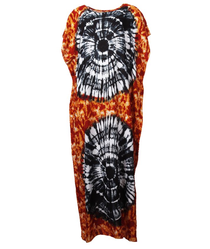 Koeldragende lange kaftan met batikprint In oranje