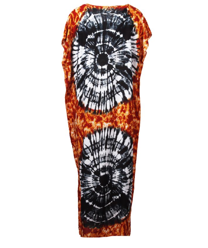 Koeldragende lange kaftan met batikprint In oranje
