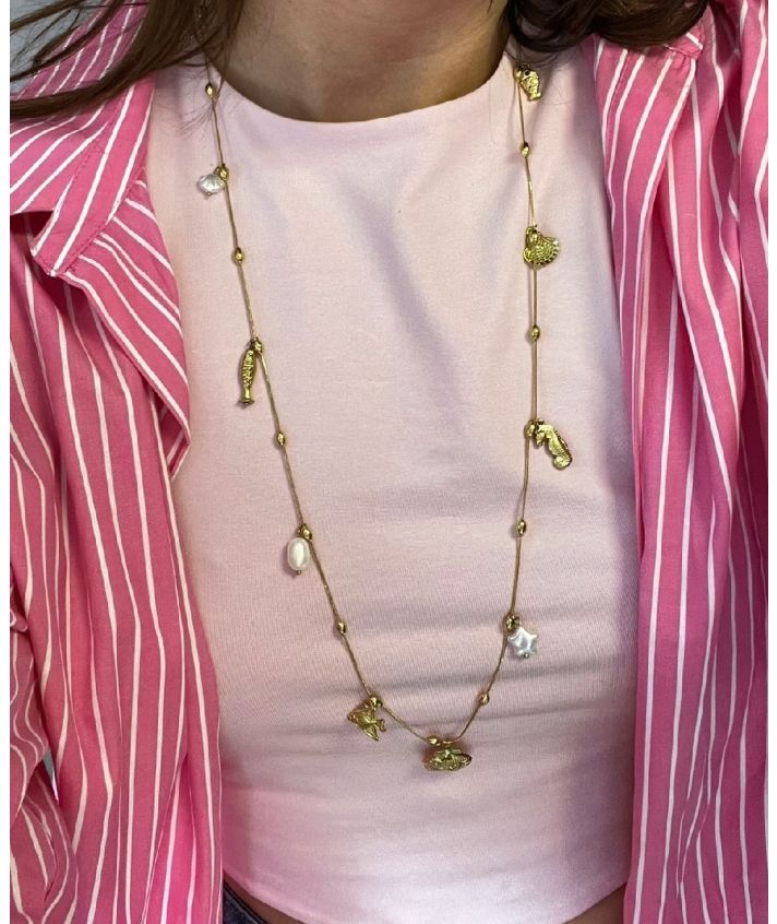 Lange ketting met zee-thema bedels en parels
