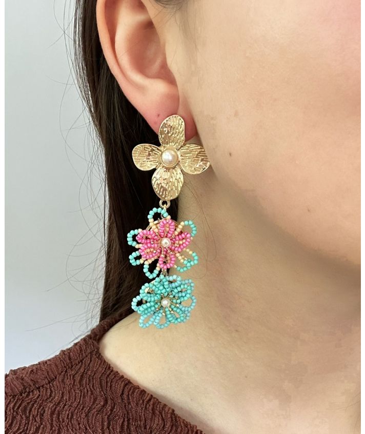 Lina oorbellen met bloemen in turquoise-roze